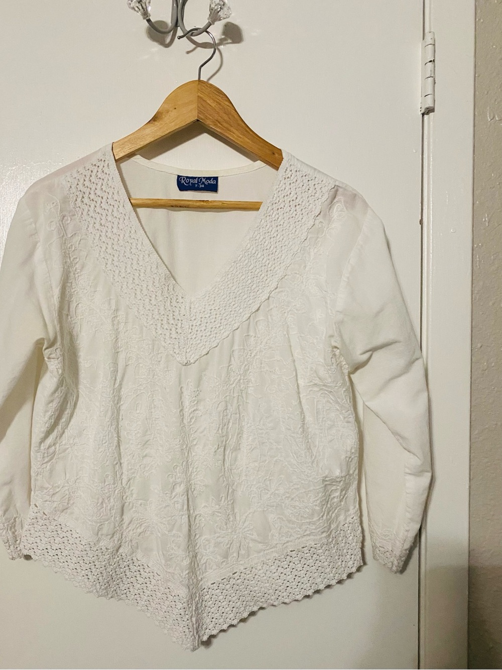 White V-Neck Lace-Trim Blouse